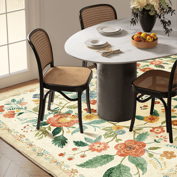 CHITOOMA 3'x5' Boho Area Rugs for Living Room, Machine Washable Stain Resistant Non-Shed Carpet, Floral Area Rug with Non-Slip Backing for Bedroom, Dining Room, Dorm, Office