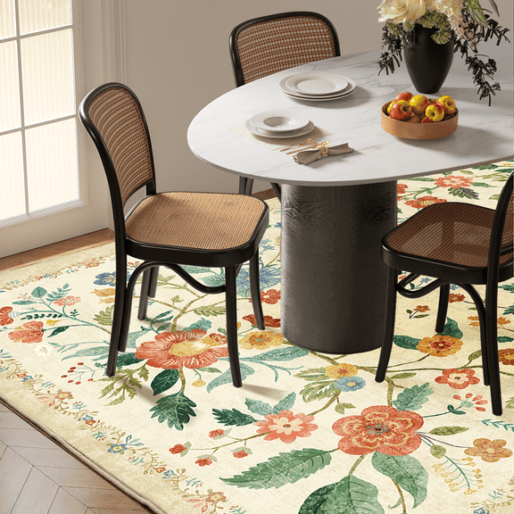 CHITOOMA 3'x5' Boho Area Rugs for Living Room, Machine Washable Stain Resistant Non-Shed Carpet, Floral Area Rug with Non-Slip Backing for Bedroom, Dining Room, Dorm, Office