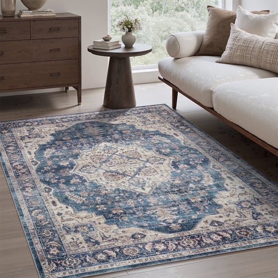 FEELHOME 3'x5' Area Rug Machine Washable Soft Vintage Distressed Non Slip Carpet for Living Room Bedroom Dining Room Blue