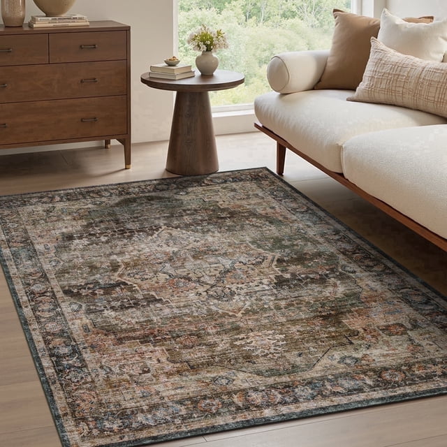 FEELHOME 3'x5' Area Rug Machine Washable Soft Vintage Distressed Non Slip Carpet for Living Room Bedroom Dining Room Brown