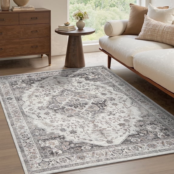FEELHOME 3'x5' Area Rug Machine Washable Soft Vintage Distressed Non Slip Carpet for Living Room Bedroom Dining Room Gray