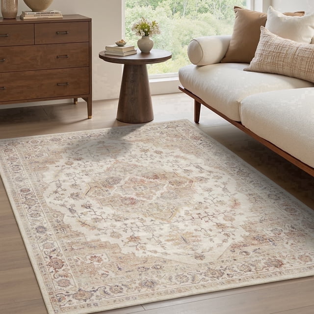 FEELHOME 3'x5' Area Rug Machine Washable Soft Vintage Distressed Non Slip Carpet for Living Room Bedroom Dining Room Taupe