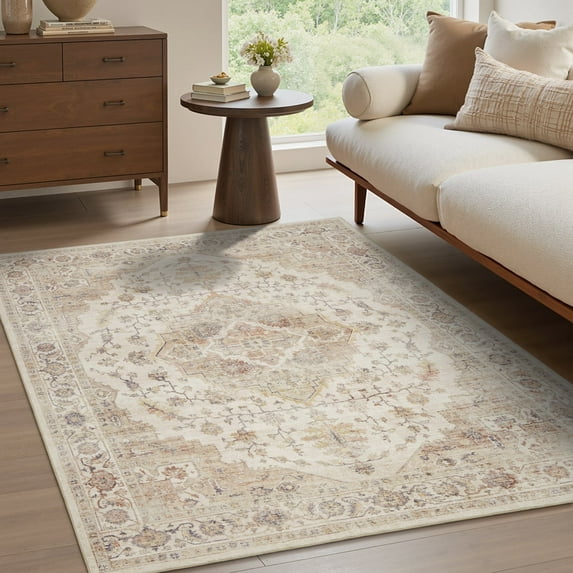 FEELHOME 3'x5' Area Rug Washable Carpet Soft Distressed Non Slip Vintage Rugs for Living Room Bedroom Kitchen Taupe