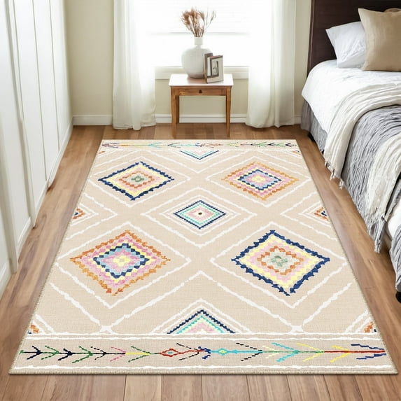 3'x5' Area Rugs for Living Room, Machine Washable Non-Slip Carpet, Soft Faux Wool Low Pile Moroccan Farmhouse Western Rug, Beige