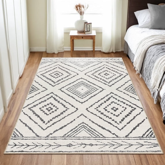 3'x5' Area Rugs for Living Room, Machine Washable Non-Slip Carpet, Soft Faux Wool Low Pile Moroccan Farmhouse Western Rug, Black and White