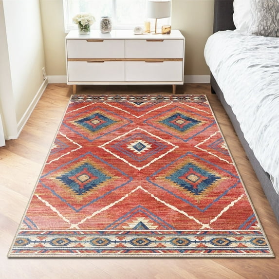 3'x5' Area Rugs for Living Room, Machine Washable Non-Slip Carpet, Soft Faux Wool Low Pile Moroccan Farmhouse Western Rug, Brick Red