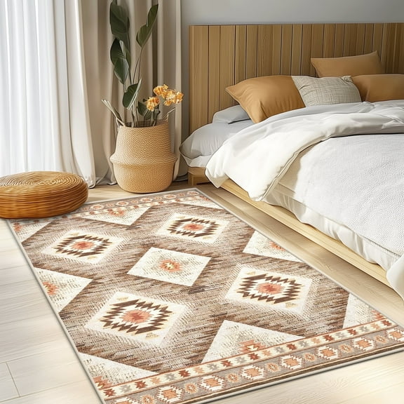 3'x5' Area Rugs for Living Room, Machine Washable Non-Slip Carpet, Soft Faux Wool Low Pile Moroccan Farmhouse Western Rug, Camel