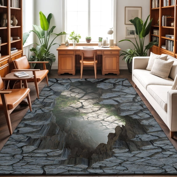 3'x5' Area Rugs, 3D Cracked Ground Indoor Outdoor Area Rug for Living Room Bedroom, Path Modern White Stone Surface Washable Bathroom Rugs Kitchen Floor Carpet Mats Home Decor Aesthetic
