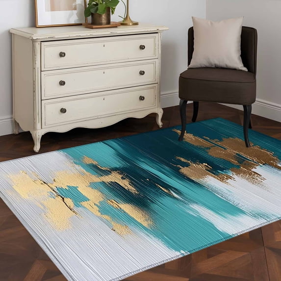 3'x5' Area Rugs, Abstract Teal Green Indoor Outdoor Area Rug for Living Room Bedroom, White Gold Textured Art Washable Bathroom Rugs Kitchen Floor Carpet Mats Home Decor Aesthetic