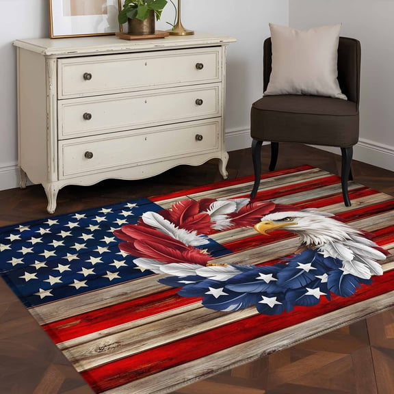 3'x5' Area Rugs, American Flag Indoor Outdoor Area Rug for Living Room Bedroom, Blue Red USA Flag Eagle Wreath Washable Bathroom Rugs Kitchen Floor Carpet Mats Home Decor Aesthetic