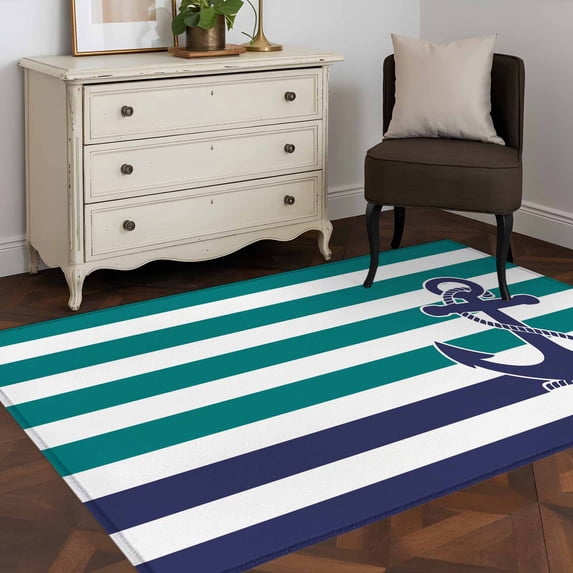 3'x5' Area Rugs, Anchor Teal Indoor Outdoor Area Rug for Living Room Bedroom, Modern Navy Blue White Striped Nautical Washable Bathroom Rugs Kitchen Floor Carpet Mats Home Decor Aesthetic