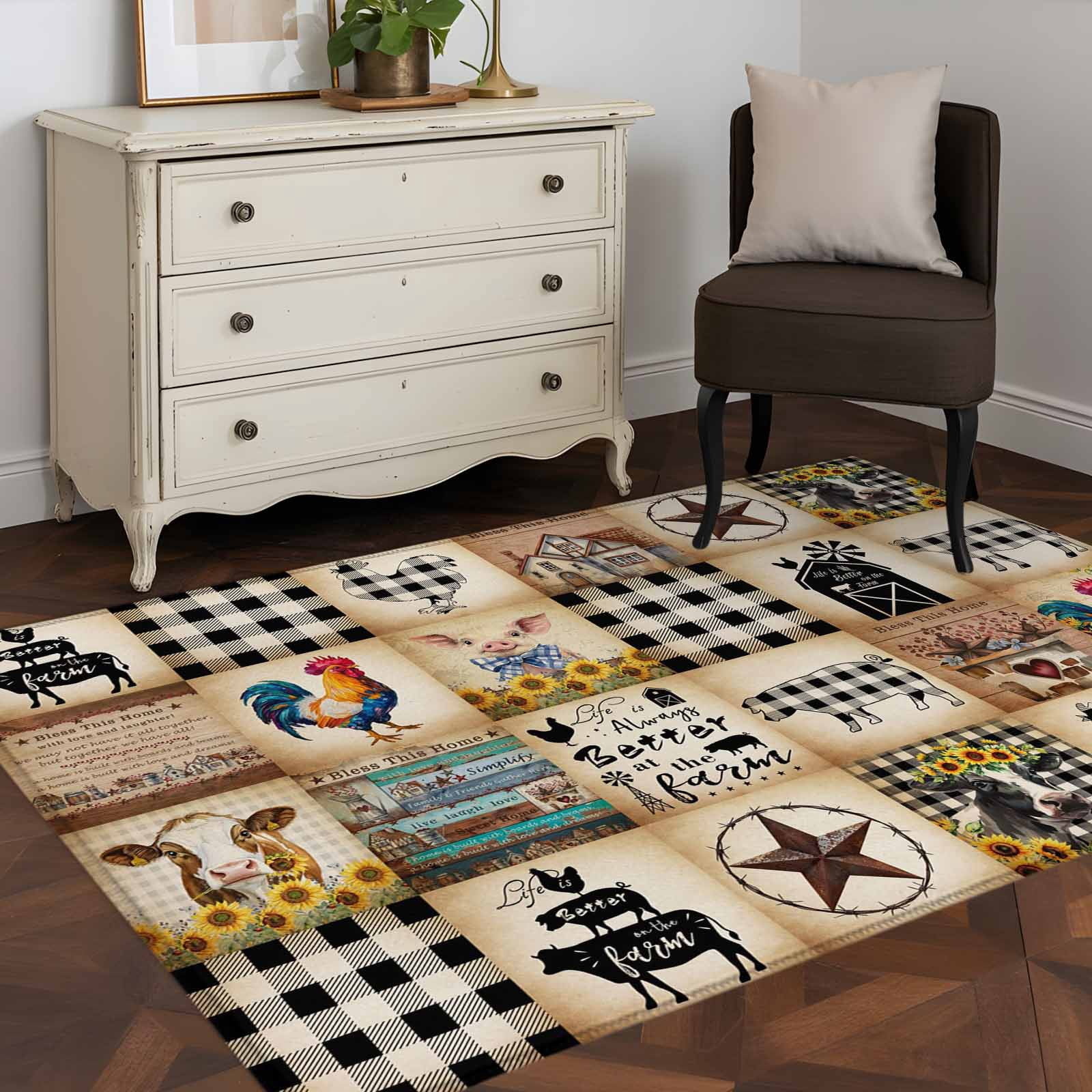 3'x5' Area Rugs, Animals Farmhouse Indoor Outdoor Area Rug for Living Room Bedroom, Vintage Farm Country Star Brown Plaid Washable Bathroom Rugs Kitchen Floor Carpet Mats Home Decor Aesthetic
