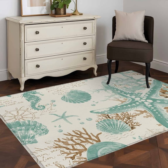 3'x5' Area Rugs, Aqua Coastal Starfish Indoor Outdoor Area Rug for Living Room Bedroom, Farmhouse Nautical Seahorse Coral Washable Bathroom Rugs Kitchen Floor Carpet Mats Home Decor Aesthetic