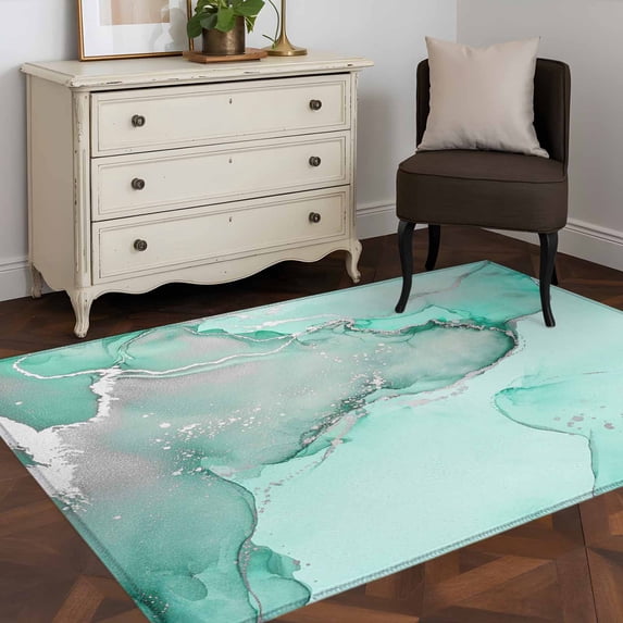 3'x5' Area Rugs, Aqua Marble Indoor Outdoor Area Rug for Living Room Bedroom, Modern Abstract Waves Silvery Farmhouse Washable Bathroom Rugs Kitchen Floor Carpet Mats Home Decor Aesthetic