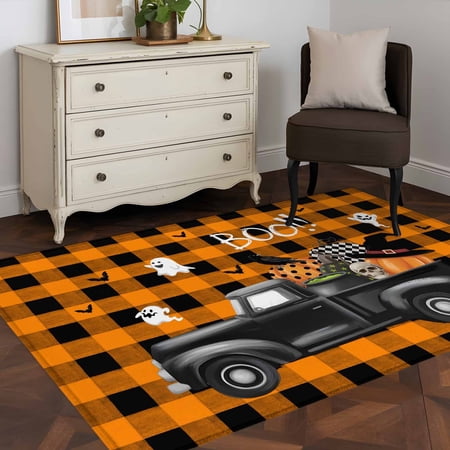 3'x5' Area Rugs, BOO Halloween Indoor Outdoor Area Rug for Living Room Bedroom, Truck Pumpkin Spooky Skull Orange Plaid Washable Bathroom Rugs Kitchen Floor Carpet Mats Home Decor Aesthetic