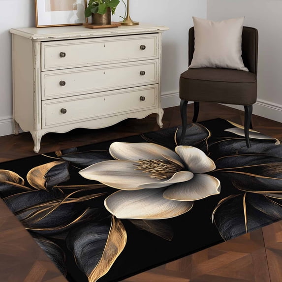 3'x5' Area Rugs, Black Gold Flower Indoor Outdoor Area Rug for Living Room Bedroom, Gradient Luxurious Floral Botanical Washable Bathroom Rugs Kitchen Floor Carpet Mats Home Decor Aesthetic
