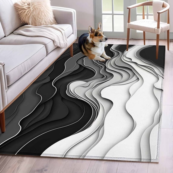 3'x5' Area Rugs, Black Grey Ombre Indoor Outdoor Area Rug for Living Room Bedroom, Abstract Modern Geometric Moire Art Washable Bathroom Rugs Kitchen Floor Carpet Mats Home Decor Aesthetic