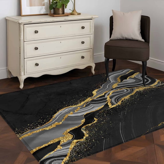 3'x5' Area Rugs, Black Marble Indoor Outdoor Area Rug for Living Room Bedroom, Gold Abstract Vintage Modern Grey Art Washable Bathroom Rugs Kitchen Floor Carpet Mats Home Decor Aesthetic