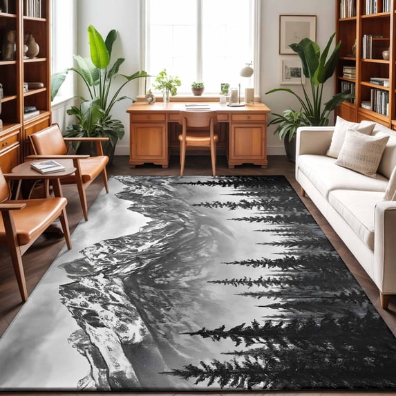 3'x5' Area Rugs, Black Pine Forest Indoor Outdoor Area Rug for Living Room Bedroom, Modern Art Snow Mountain Washable Bathroom Rugs Kitchen Floor Carpet Mats Home Decor Aesthetic