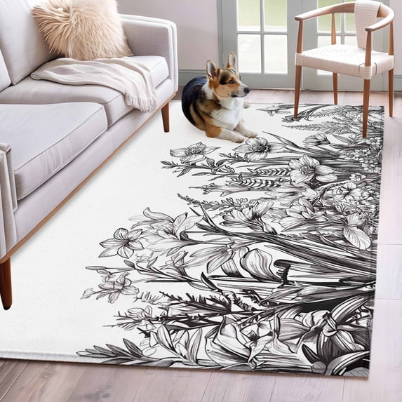 3'x5' Area Rugs, Black Spring Floral Indoor Outdoor Area Rug for Living Room Bedroom, Watercolor Botanical Summer Vintage Washable Bathroom Rugs Kitchen Floor Carpet Mats Home Decor Aesthetic