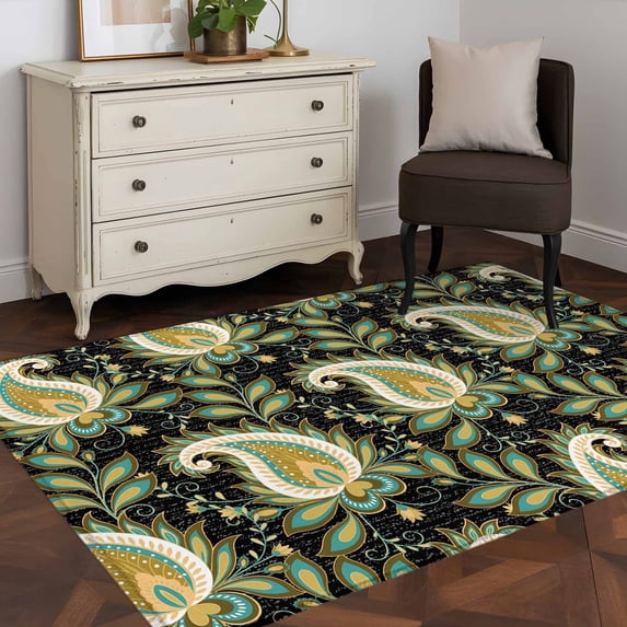 3'x5' Area Rugs, Black Teal Boho Botanical Indoor Outdoor Area Rug for ...