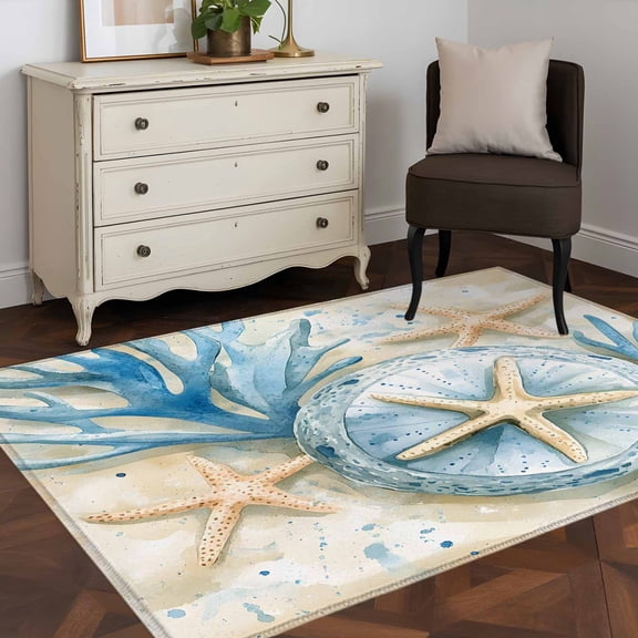 3'x5' Area Rugs, Blue Beach Coastal Indoor Outdoor Area Rug for Living Room Bedroom, Summer Starfish Nautical Shell Washable Bathroom Rugs Kitchen Floor Carpet Mats Home Decor Aesthetic