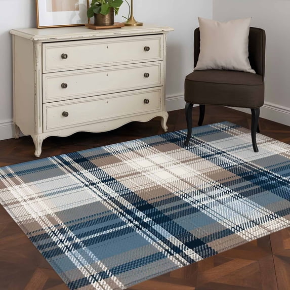 3'x5' Area Rugs, Blue Brown Plaid Indoor Outdoor Area Rug for Living Room Bedroom, Vintage Abstract Stripes Lattice Washable Bathroom Rugs Kitchen Floor Carpet Mats Home Decor Aesthetic