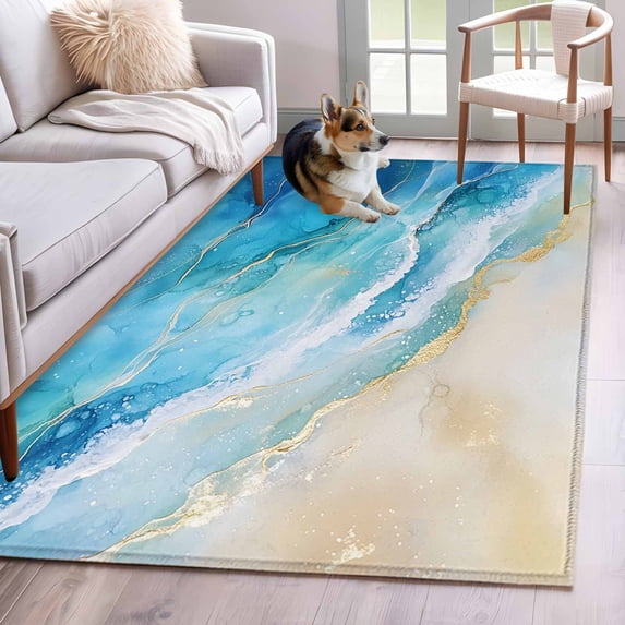 3'x5' Area Rugs, Blue Coastal Beach Indoor Outdoor Area Rug for Living Room Bedroom, Summer Nautical Ocean Beige Washable Bathroom Rugs Kitchen Floor Carpet Mats Home Decor Aesthetic