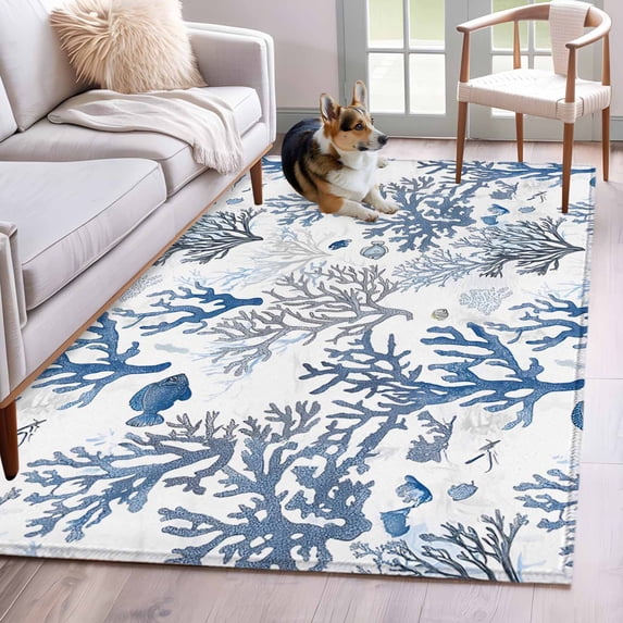 3'x5' Area Rugs, Blue Coastal Indoor Outdoor Area Rug for Living Room Bedroom, Summer Nautical Ocean Beach Coral Fish Washable Bathroom Rugs Kitchen Floor Carpet Mats Home Decor Aesthetic