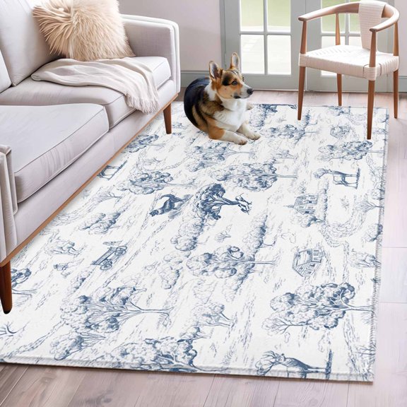 3'x5' Area Rugs, Blue Country Indoor Outdoor Area Rug for Living Room Bedroom, Abstract Farmhouse Rustic Tree Animals Washable Bathroom Rugs Kitchen Floor Carpet Mats Home Decor Aesthetic