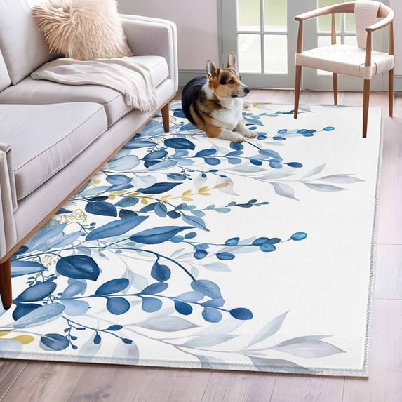 3'x5' Area Rugs, Blue Eucalyptus Indoor Outdoor Area Rug for Living Room Bedroom, Watercolor Spring Weeping Botanical Washable Bathroom Rugs Kitchen Floor Carpet Mats Home Decor Aesthetic