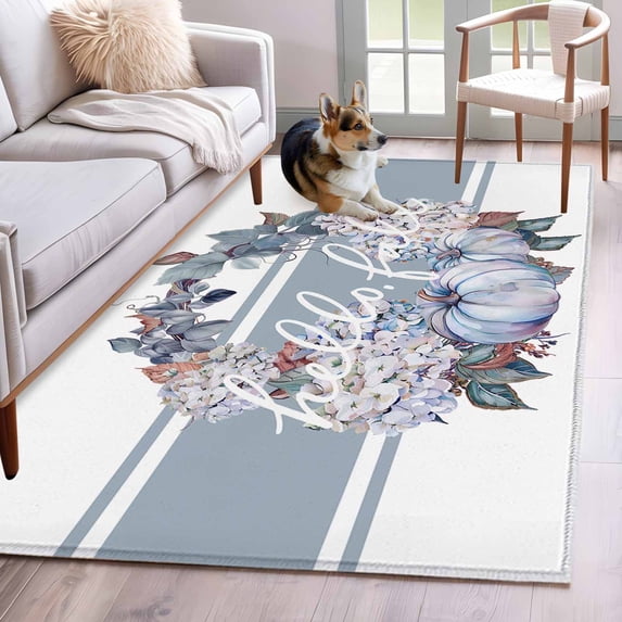 3'x5' Area Rugs, Blue Fall Indoor Outdoor Area Rug for Living Room Bedroom, Pumpkins Wreath Maple Leaf Thanksgiving Washable Bathroom Rugs Kitchen Floor Carpet Mats Home Decor Aesthetic