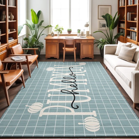 3'x5' Area Rugs, Blue Fall Pumpkins Indoor Outdoor Area Rug for Living Room Bedroom, Thanksgiving Autumn Modern Plaid Washable Bathroom Rugs Kitchen Floor Carpet Mats Home Decor Aesthetic