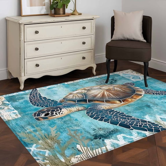 3'x5' Area Rugs, Blue Green Coastal Indoor Outdoor Area Rug for Living Room Bedroom, Sea Turtle Ocean Retro Washable Bathroom Rugs Kitchen Floor Carpet Mats Home Decor Aesthetic