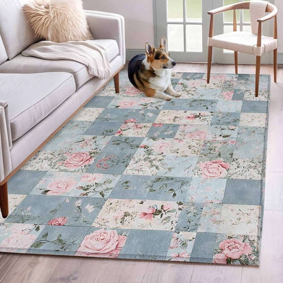 3'x5' Area Rugs, Blue Pink Botanical Indoor Outdoor Area Rug for Living Room Bedroom, Spring Floral Vintage Washable Bathroom Rugs Kitchen Floor Carpet Mats Home Decor Aesthetic