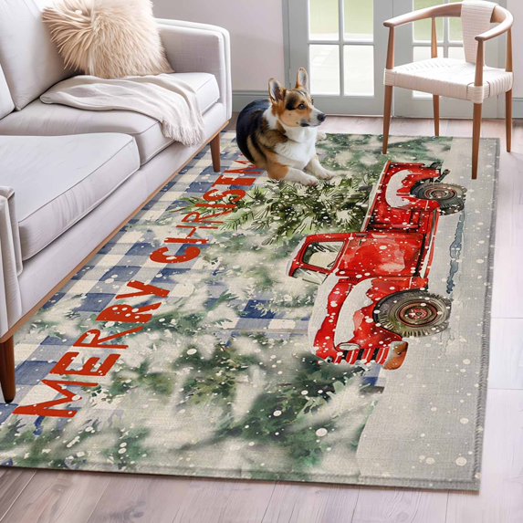 3'x5' Area Rugs, Blue Plaid Christmas Indoor Outdoor Area Rug for Living Room Bedroom, Red Truck Xmas Tree Snowflake Washable Bathroom Rugs Kitchen Floor Carpet Mats Home Decor Aesthetic