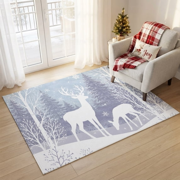 3'x5' Area Rugs, Blue Purple Christmas Indoor Outdoor Area Rug for Living Room Bedroom, Xmas Elk Tree Snowflake Washable Bathroom Rugs Kitchen Floor Carpet Mats Home Decor