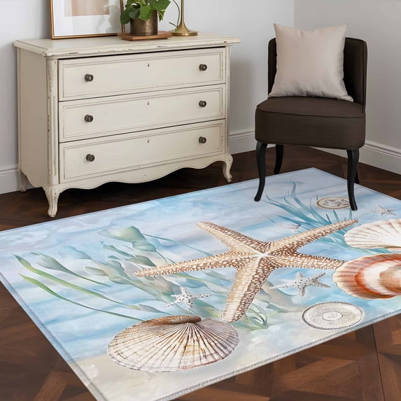3'x5' Area Rugs, Blue Starfish Coastal Indoor Outdoor Area Rug for Living Room Bedroom, Summer Beach Coral Shell Sea Washable Bathroom Rugs Kitchen Floor Carpet Mats Home Decor Aesthetic