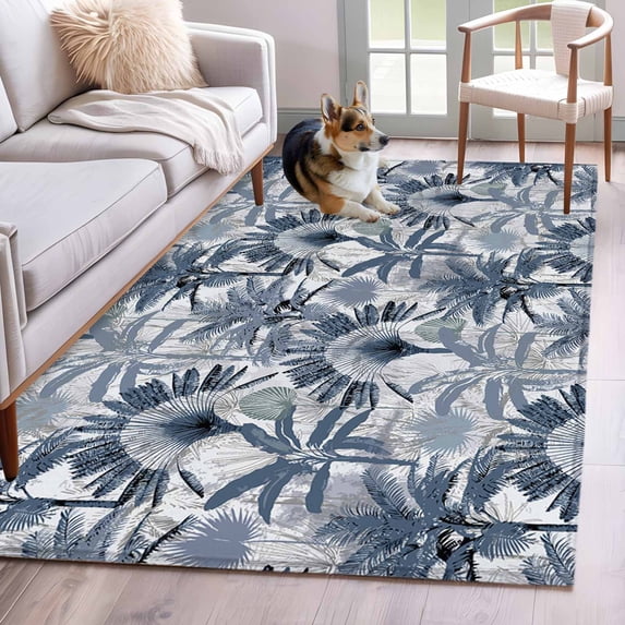 3'x5' Area Rugs, Blue Tropical Leaves Indoor Outdoor Area Rug for Living Room Bedroom, Summer Palm Trees Botanical Washable Bathroom Rugs Kitchen Floor Carpet Mats Home Decor Aesthetic