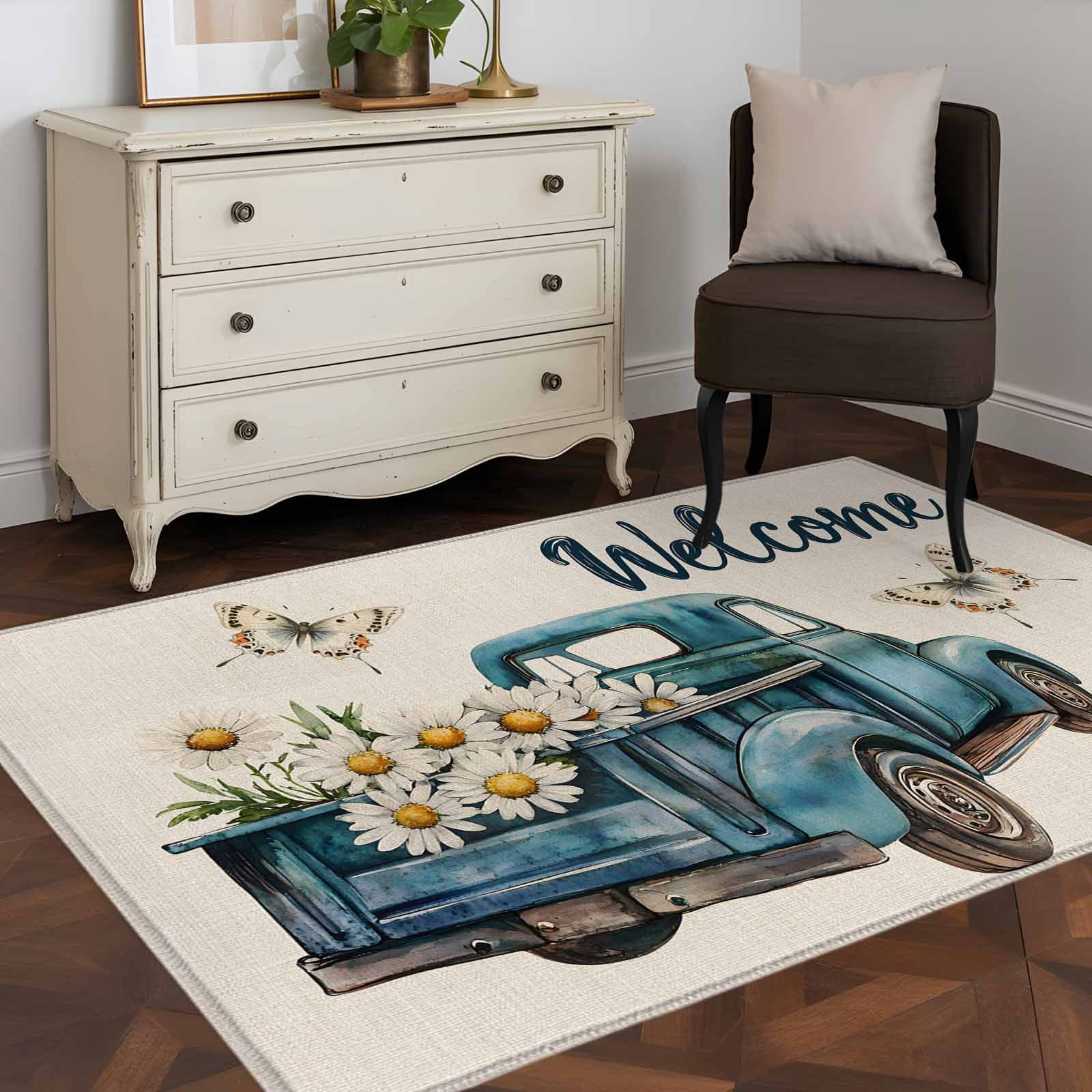 3'x5' Area Rugs, Blue Truck Spring Floral Indoor Outdoor Area Rug for ...