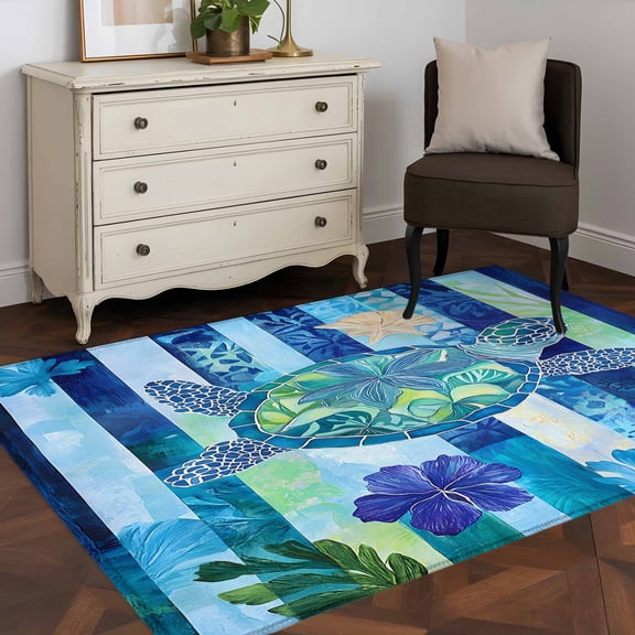 3'x5' Area Rugs, Blue Turtle Coastal Indoor Outdoor Area Rug for Living Room Bedroom, Nautical Beach Summer Sea Retro Washable Bathroom Rugs Kitchen Floor Carpet Mats Home Decor Aesthetic