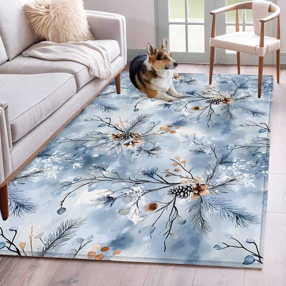 3'x5' Area Rugs, Blue Winter Botanical Indoor Outdoor Area Rug for Living Room Bedroom, Pine Cone Leaves Farmhouse Washable Bathroom Rugs Kitchen Floor Carpet Mats Home Decor Aesthetic