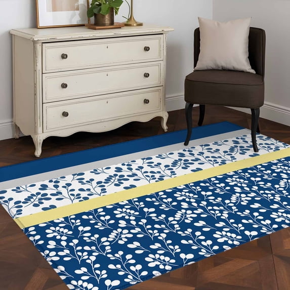 3'x5' Area Rugs, Blue Yellow Indoor Outdoor Area Rug for Living Room Bedroom, Botanical Floral Motifs Wildflower Striped Washable Bathroom Rugs Kitchen Floor Carpet Mats Home Decor Aesthetic