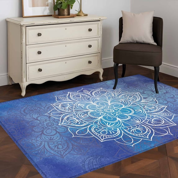 3'x5' Area Rugs, Boho Flowers Indoor Outdoor Area Rug for Living Room Bedroom, Blue Floral Bohemian Vintage Country Washable Bathroom Rugs Kitchen Floor Carpet Mats Home Decor Aesthetic