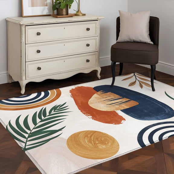 3'x5' Area Rugs, Boho Indoor Outdoor Area Rug for Living Room Bedroom, Bohemia Middle Century Leaves Abstract Minimalist Beige Washable Bathroom Rugs Kitchen Floor Carpet Mats Home Decor Aesthetic