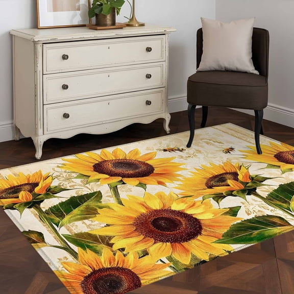 3'x5' Area Rugs, Botanical Sunflowers Indoor Outdoor Area Rug for Living Room Bedroom, Summer Garden Flowers Bees Rustic Washable Bathroom Rugs Kitchen Floor Carpet Mats Home Decor Aesthetic