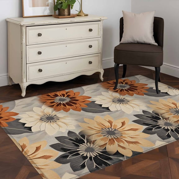 3'x5' Area Rugs, Burnt Orange Grey Black Flower Indoor Outdoor Area Rug for Living Room Bedroom, Spring Floral Botanical Washable Bathroom Rugs Kitchen Floor Carpet Mats Home Decor Aesthetic