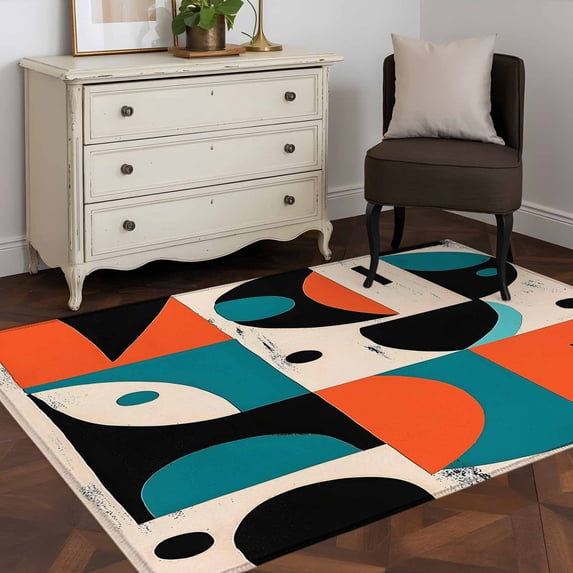 3'x5' Area Rugs, Burnt Orange Teal Black Indoor Outdoor Area Rug for Living Room Bedroom, Modern Abstract Geometric Washable Bathroom Rugs Kitchen Floor Carpet Mats Home Decor Aesthetic