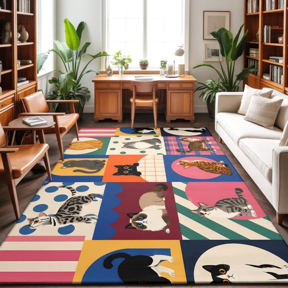 3'x5' Area Rugs, Cat Patchwork Indoor Outdoor Area Rug for Living Room Bedroom, Modern Funny Playful Cats Cute Plaid Washable Bathroom Rugs Kitchen Floor Carpet Mats Home Decor Aesthetic