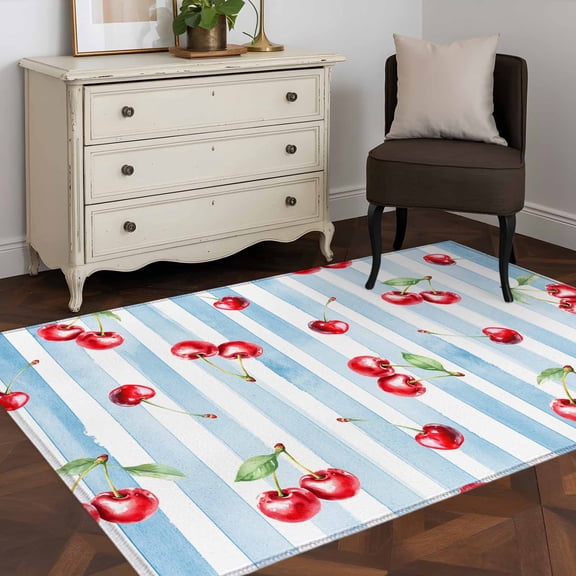 3'x5' Area Rugs, Cherry Farmhouse Indoor Outdoor Area Rug for Living Room Bedroom, Spring Summer Fruit Blue Striped Washable Bathroom Rugs Kitchen Floor Carpet Mats Home Decor Aesthetic